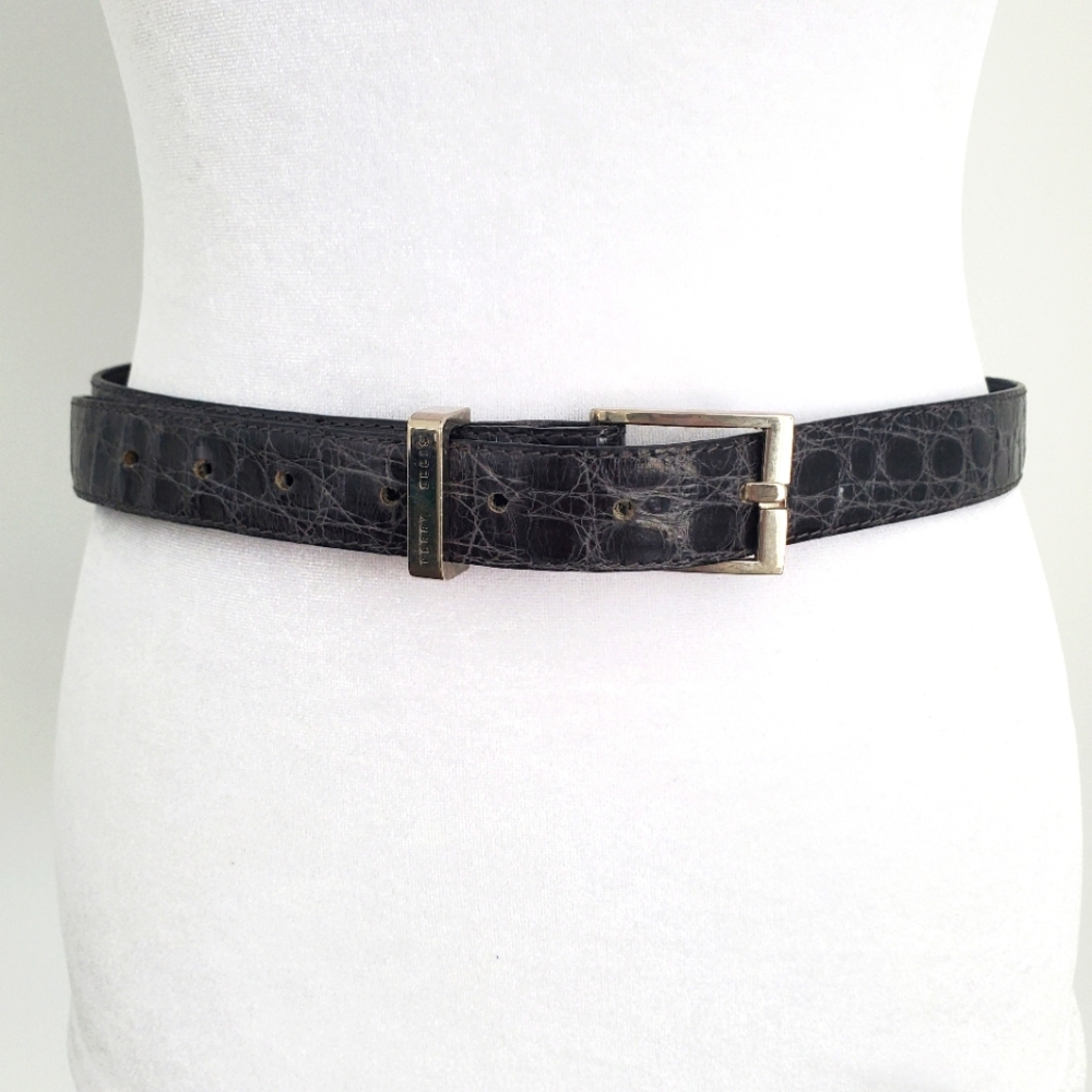 PERRY ELLIS Women's Black Leather Croc Belt Silvertone Square Buckle Distressed